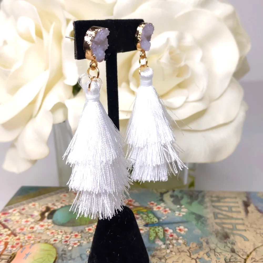Women's handmade Boho style white tassel earrings with white stone's